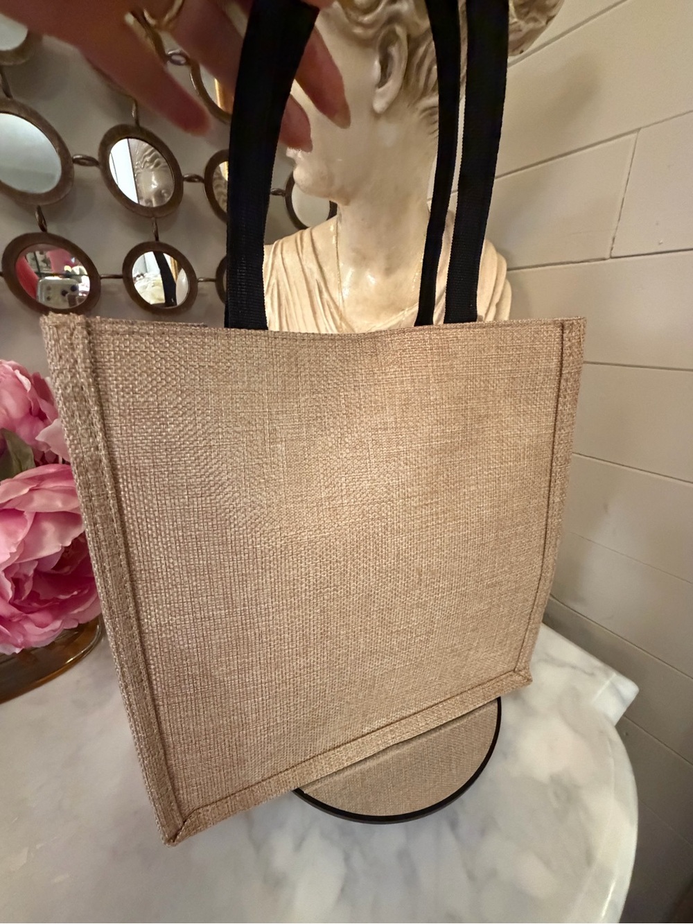 Natural Jute Tote Bag with Black Horse Motif and added leather Tassel NWOT - Picture 6 of 11